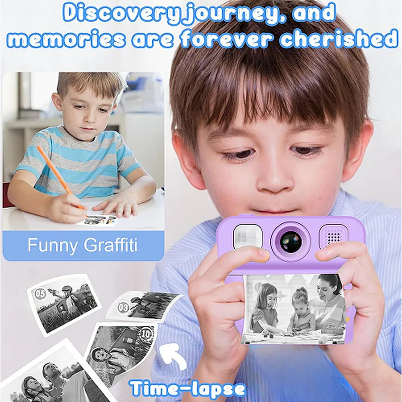 AI Thermal Print Kids Camera, Dual Lens 1080P AI Camera for Kids, Instant Zero Ink Thermal Printing Toy Camera with AI Voice Recognition & Cartoon Photo Effect
